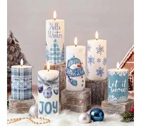 Tujoe 6 velas de invierno azules sin llama, velas LED de Navidad | Velas parpadeantes de invierno de 10.2/12.7/6 pulgadas, funciona con pilas, velas de copo de nieve para árbol de Navidad