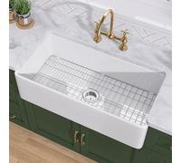 TUKTUK Fireclay Farmhouse - Delantal de fregadero de cocina frontal de un solo tazón para fregadero de cocina profundo con rejilla inferior personalizada y colador