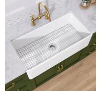 TUKTUK - Fregadero de granja blanco de 91.4 cm, fregadero de arcilla refractaria, delantal frontal, cuenca única, fregadero de cocina de gran capacidad, porcelana cerámica, con rejilla inferior de
