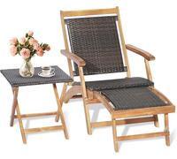 Tumbona 2 en 1 de ratán, sillón reclinable de madera plegable, tumbona de exterior con mesita auxiliar, silla Adirondack con reposapiés extensible, tumbona de ratán para jardín, resistente a la intemp
