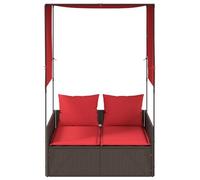 Tumbona doble con dosel y cortinas de polirratán marrón | Juego de muebles de exterior con cojines rojos, funda lavable, estructura de acero, 2 plazas