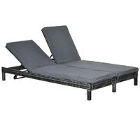 Tumbona doble de polirratán para jardín, ideal para 2 personas. Tumbona de lujo con respaldo ajustable en 5 posiciones. Fabricada con estructura de metal y revestimiento de polirratán gris. Dimensione