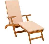 Tumbona plegable de madera, tumbona de jardín con cojín, silla reclinable con respaldo ajustable de madera maciza de acacia, tumbona de madera para balcón, tumbona de relax, color beige
