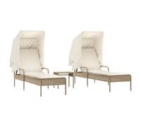 Tumbonas con capota y mesa 2 uds ratán sintético beige