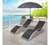 Tumbonas de aluminio negras para jardín, con sombrilla, juego de 2 unidades, ajustables, ergonómicas, resistentes a la intemperie, plegables, con respaldo, ideales para terraza, balcón, piscina, como