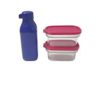 Tupperware Botella original Eco Quader de 500 ml azul Flip Top + recipiente para especias Airlock Eidgenosse 2 x 225 ml con cuchara, juego libre de BPA