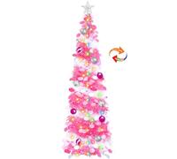 TURNMEON Árbol de Navidad de oropel de 5 pies con adornos de bola de temporizador, 4 modos, 50 luces de color cálido, estrella 3D, árbol de Navidad desplegable que funciona con pilas, decoración de