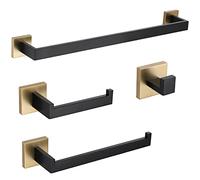 TURS Juego de Accesorios de baño de 4 Piezas, Color Negro y Dorado Cepillado, Juego de Accesorios de baño de Acero Inoxidable montado en la Pared