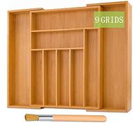 TWBEST Caja de cubiertos de bambú,Organizador de Cubiertos de Madera+1 cepillo de limpieza,Bandeja para cubiertos con 7 a 9 Compartimentos,Cubertero,32-52 * 41 * 5cm