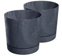 Tymar Maceta con Plato, Juego de 2 Macetas Decorativas de Plástico, Forma Redonda Moderna para Interior (Ø 35 cm, (2pack) HORMIGÓN Antracita)
