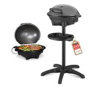 TZS First Austria - Barbacoa eléctrica 2 en 1 de mesa y suelo 2400W - BBQ con pedestal para balcón y terraza con tapa y estante - Parrilla esférica con termómetro y bandeja recogegrasas