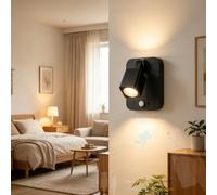 TZSMUM Interior Moderno LED Luz de Pared con Control Remoto Regulable Lámpara de Pared con Sensor de Movimiento Aplique de Pared USB Recargable 350° Rotación para Dormitorio (Negro)