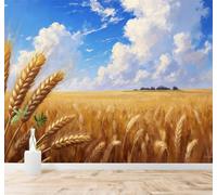 Tzxztt Campo De Trigo Dorado Cielo Azul Nubes Blancas Paisaje Papel Pintado 3D Seda Texturizada Primera Calidad Neutros Material Ideal Para SalóN Dormitorio-350cm×256cm