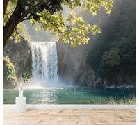 Tzxztt Cascada Tranquila Bosque Verde Rocas Luz Del Sol Reflejo Papel Pintado 3D Seda Texturizada Primera Calidad Neutros Material Ideal Para SalóN Dormitorio-150cm×105cm
