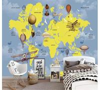 Tzxztt Dibujos Animados Mapa Del Mundo Globo Aerostático Avión Cielo Papel Pintado 3D Seda Texturizada Primera Calidad Neutros Material Ideal Para SalóN Dormitorio-430cm×300cm