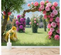 Tzxztt Jardín De Ensueño Rosas Rosas Animales Amarillos Césped Verde Papel Pintado 3D Seda Texturizada Primera Calidad Neutros Material Ideal Para SalóN Dormitorio-400cm×280cm