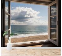 Tzxztt Ventana Abierta Playa Nubes Costa Paisaje Marino Papel Pintado 3D Seda Texturizada Primera Calidad Neutros Material Ideal Para SalóN Dormitorio-150cm×105cm