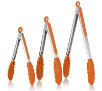 U-Taste Pinzas cocina silicona, calor hasta 250℃, 17/22/30 cm, Naranja | Puntas de Goma Antiadherentes Firmemente Selladas, Mango de Acero y Bloqueo Suave para Barbacoa