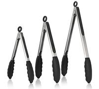 U-Taste Pinzas cocina silicona, calor hasta 315℃, 17/22/30 cm, Negro | Puntas de Goma Antiadherentes Firmemente Selladas, Mango de Acero y Bloqueo Suave para Barbacoa