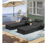 UDPATIO Set de 2 Tumbonas de Ratán, Respaldo 5 Posiciones + Mesa Jardín, Poliratán Tumbonas Jardin Exterior Impermeables, para Jardín, Exterior y Patio, Ratán Negro y Cojín Gris