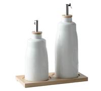 UDQYQ Juego de dispensador de aceite de oliva y vinagre, botellas de aceite y vinagre de cerámica de 420 ml y 280 ml con bandeja de bambú, 2 recipientes de aceite con embudo y etiquetas.