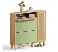 UEV Zapatero de Madera para Entrada con Diseño Moderno Bicolor, Mueble de Entrada Compacto con Dos Puertas de Mimbre, Zapatero Compacto con Armario Lateral, 107 x 24 x 105 cm, Verde y Natural
