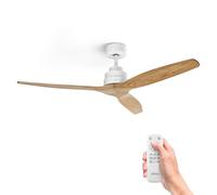 Ufesa Ventilador de Techo CFTB, 40W, 6 Velocidades, Ultra Silencioso, 3 Aspas de Madera Natural 132cm, Función Verano - Invierno, Temporizador 8h, Mando a Distancia, Blanco - Madera Clara