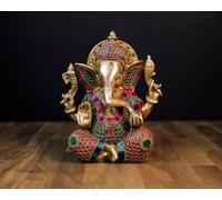 UGRA Estatua de Ganesha de latón de 21 cm con mosaico de piedra - ídolo Ganpati para la buena suerte