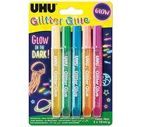 UHU Pegamento decorativo con purpurina brillante – Brilla en la oscuridad – Pack 5x10 ml