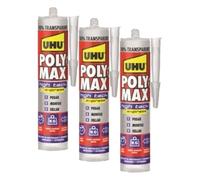 UHU Poly Max High Tack Express, Sellador y Adhesivo de Montaje Extrafuerte, Cristal,Transparente-300g (Paquete de 3)