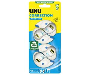 UHU Rodillo corrector Mini - Cinta correctora rápida, limpia y precisa, color blanco, 4 unidades, 6 m x 5 mm