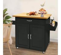 UISEBRT Carro de cocina con tablero de trabajo de madera, armario de cocina con ruedas con cajón y estante, carrito de servir de estilo rústico, carro de cocina móvil, negro