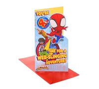 UK Greetings Tarjeta de 4º cumpleaños de Marvel Spidey y sus increíbles amigos para él/niño, regalos de feliz cumpleaños, él, niños, hombres, diseño de Spiderman, con insignia y sobre, 127 x 235 mm