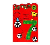 UK Greetings Tarjeta de cumpleaños número 7, tarjeta de cumpleaños para niño de 7 años, diseño de fútbol, insignia incluida