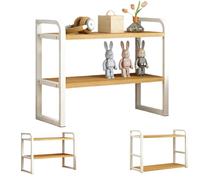 Ulluthu Estantería Pequeña para Escritorio 2 Niveles | Madera de Nogal y Acero | Altura Regulable para Máximo Espacio Oficina, Cocina, Hogar | Incluye Herramientas