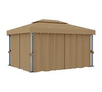 ULUYYUC Cenador de 4 x 3 m con cortinas, aluminio, color gris topo | Carpa de jardín de doble techo para patio y picnic al aire libre, incluye paneles laterales de tela y cortinas en color topo.