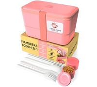 Umami Bento Fiambrera, Cubiertos y Salsera Incluidos, Antigoteo, Microondas, Fiambrera Compartimentada para Adultos, Rosa Coral, 1500 ml