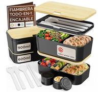 Umami Bento Fiambrera, Cubiertos y Salsera Incluidos, Antigoteo, Microondas, Fiambrera Compartimentada para Adultos, Negro Ónix Y Beige, 1500 ml