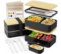 Umami Bento Fiambrera, Cubiertos y Salsera Incluidos, Antigoteo, Microondas, Fiambrera Compartimentada para Adultos, Negro y Bambú, 1200 m