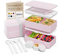 Umami Bento Fiambrera, Cubiertos y Salsera Incluidos, Antigoteo, Microondas, Fiambrera Compartimentada para Adultos, Rosa Kawaii, 1200 ml