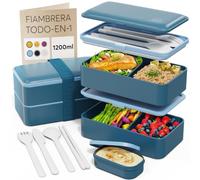 Umami Bento Fiambrera, Cubiertos y Salsera Incluidos, Antigoteo, Microondas, Fiambrera Compartimentada para Adultos, Vaquero Azul, 1200 ml