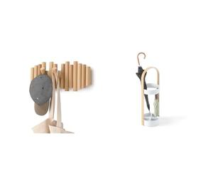 Umbra Picket Percha de Pared con 5 ganchos extraíbles, Natural & Bellwood Portaparaguas, Acero, Blanco/Natural