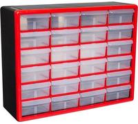 Un armario de almacenamiento de plástico Unyqoos® con 24 cajones, color rojo, compacto, apilable y con posibilidad de montaje en pared, ideal para el hogar y el taller