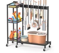 Un carrito de limpieza móvil y compacto de Unyqoos®, con 10 soportes para escobas, 4 ganchos, 3 estantes y 6 ruedas (2 con freno). Dimensiones: 30 x 92 cm. Capacidad de carga: hasta 50 kg