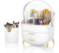 Un organizador de maquillaje blanco Unyqoos® con 2 cajones, soporte para brochas y tapa abatible transparente, ideal para guardar cosméticos en el baño o el tocador