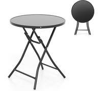 Una mesa bistro redonda de 59 cm de diámetro, con una superficie de vidrio templado y una estructura de metal resistente