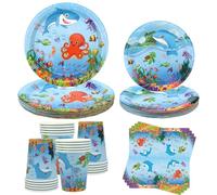 Under The Sea Party Supplies - Vajilla de fiesta de mar oceánico - Platos de cena, platos de postre, tazas, servilletas para decoraciones de fiesta de cumpleaños del mundo submarino, sirve 20 (20)
