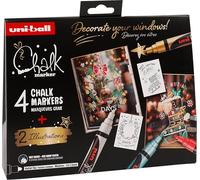 Uni-Ball 186831 - Juego de marcadores de tiza Xmas trad, 4 marcadores con 2 plantillas, UNI CHALK MARKER, marcadores de tiza para ventanas