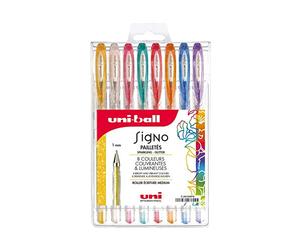 Uni-ball Mitsubishi Pencil - 8 bolígrafos de tinta de gel Signo - Colores con purpurina - Punta de 1 mm - Escritura grande - Patines creativos para cartería y ocio creativo