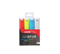 Uni-Ball, PWE-8K, Rotuladores de Tiza Líquida, Multiusos, Lavables, de Colores, para Pizarras Negras, Pizarras Blancas, Vidrio y Plástico, Punta Biselada de 8 mm, Paquete de 4